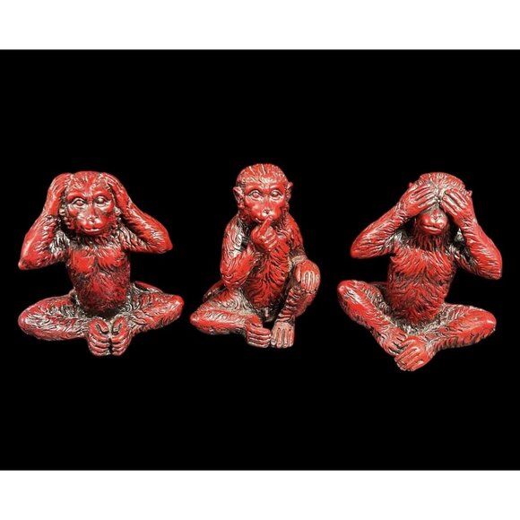 VTG Three Wise Monkey 5" See Hear Speak No Evil 3 Red Resin Quality Figurines - Picture 1 of 9